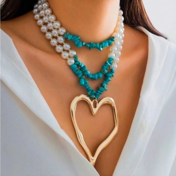 Heart Necklace Gold Pendant Turquoise and Pearl Strands - Picture 9 of 15